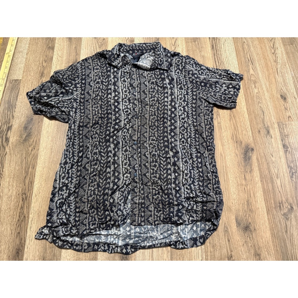 Axcess Button Up Shirt Mens L Black Tan Abstract Tribal Rayon Short Sleeve